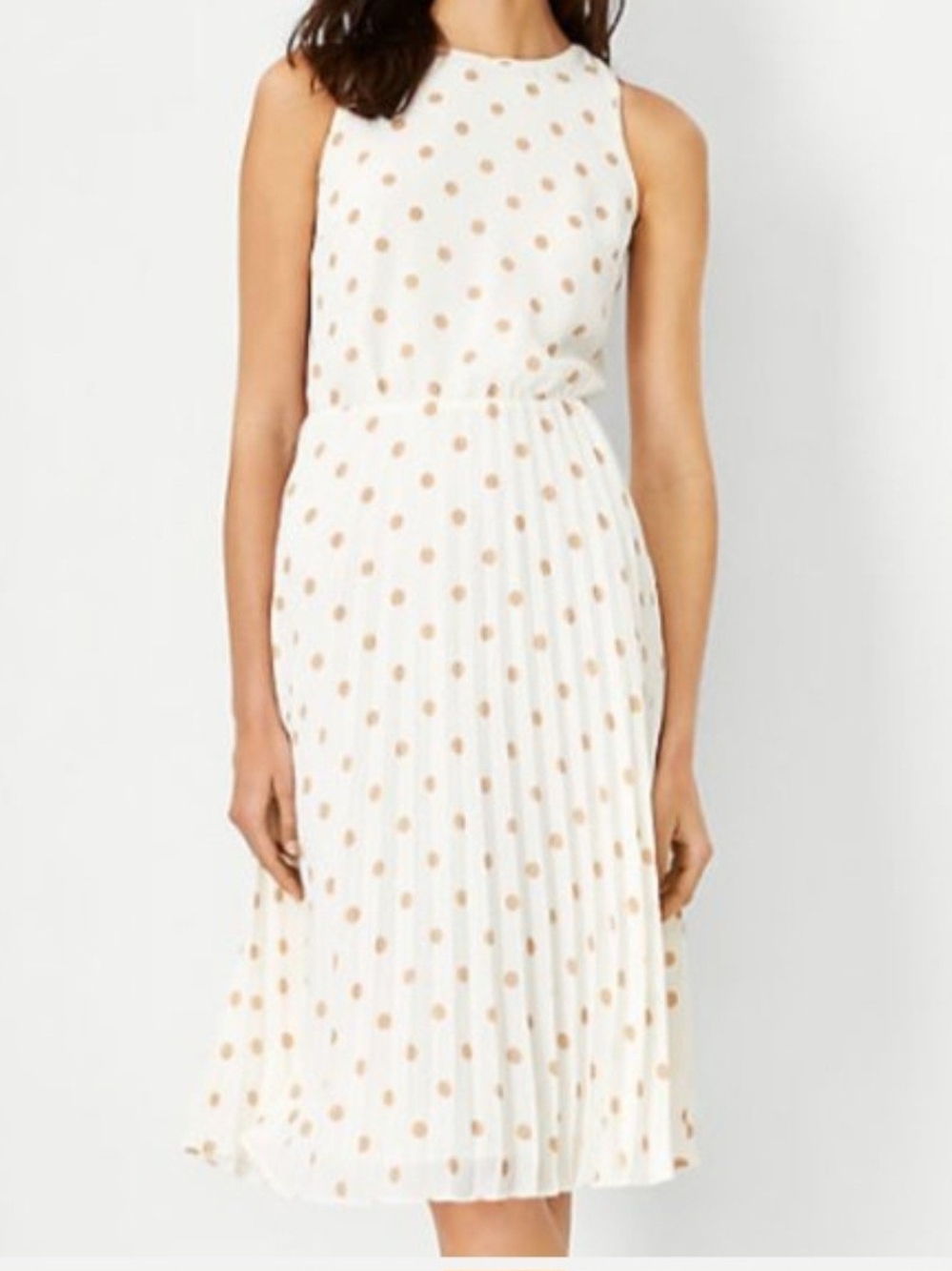Ann Taylor White Midi Dress with Cream Polka Dots